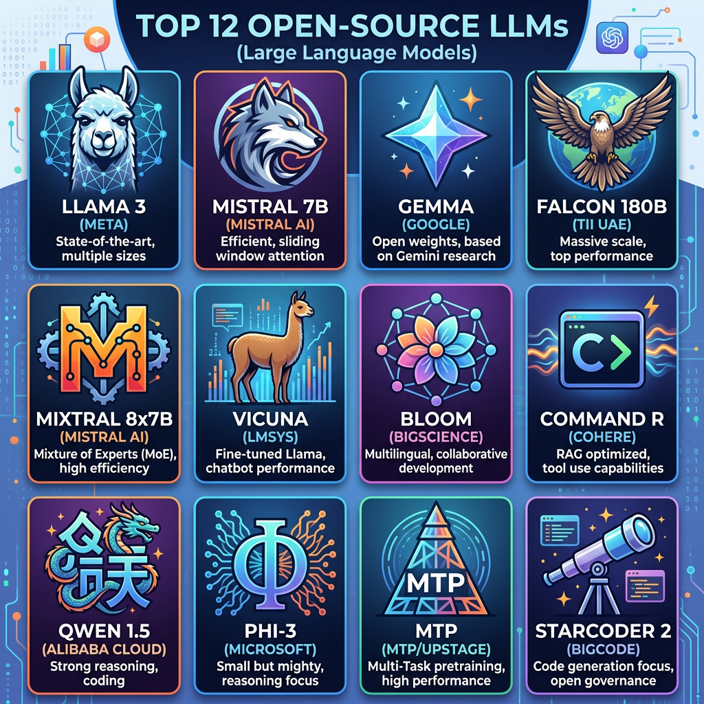 Top 12 open-source large language models with logos and features